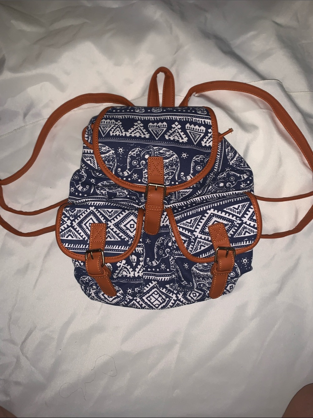 Amazon Navy Patterned Backpack with Tan Trim